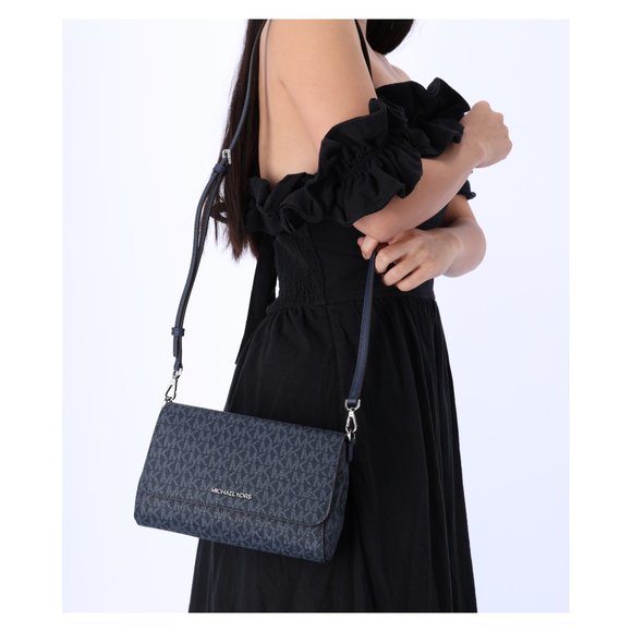 Michael Kors Jet Set Medium Convertible Pouchette Crossbody Navy MK Signature - Picture 1 of 10